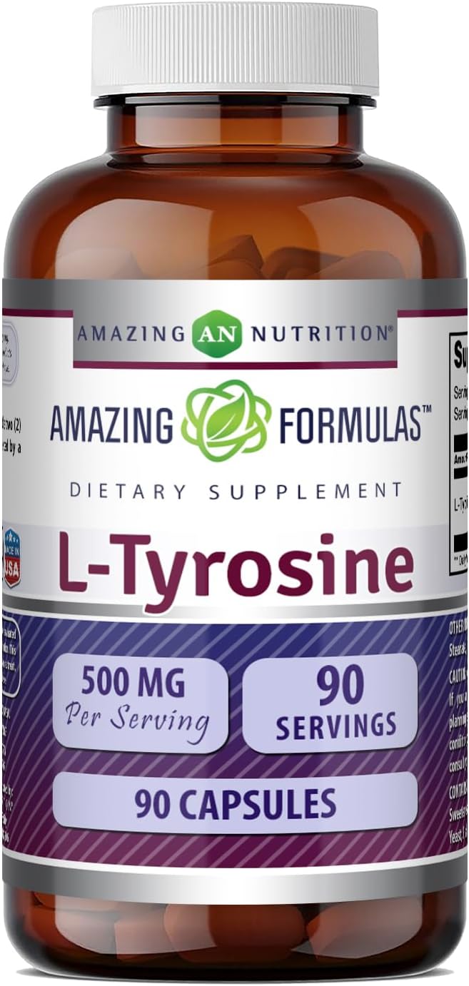 Amazing Formulas L-Tirosina 500 mg Cápsulas - Suplemento de Aminoácido (3 Envases | 180 Cápsulas)