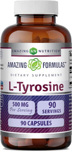 Amazing Formulas L-Tirosina 500 mg Cápsulas - Suplemento de Aminoácido (3 Envases | 180 Cápsulas)