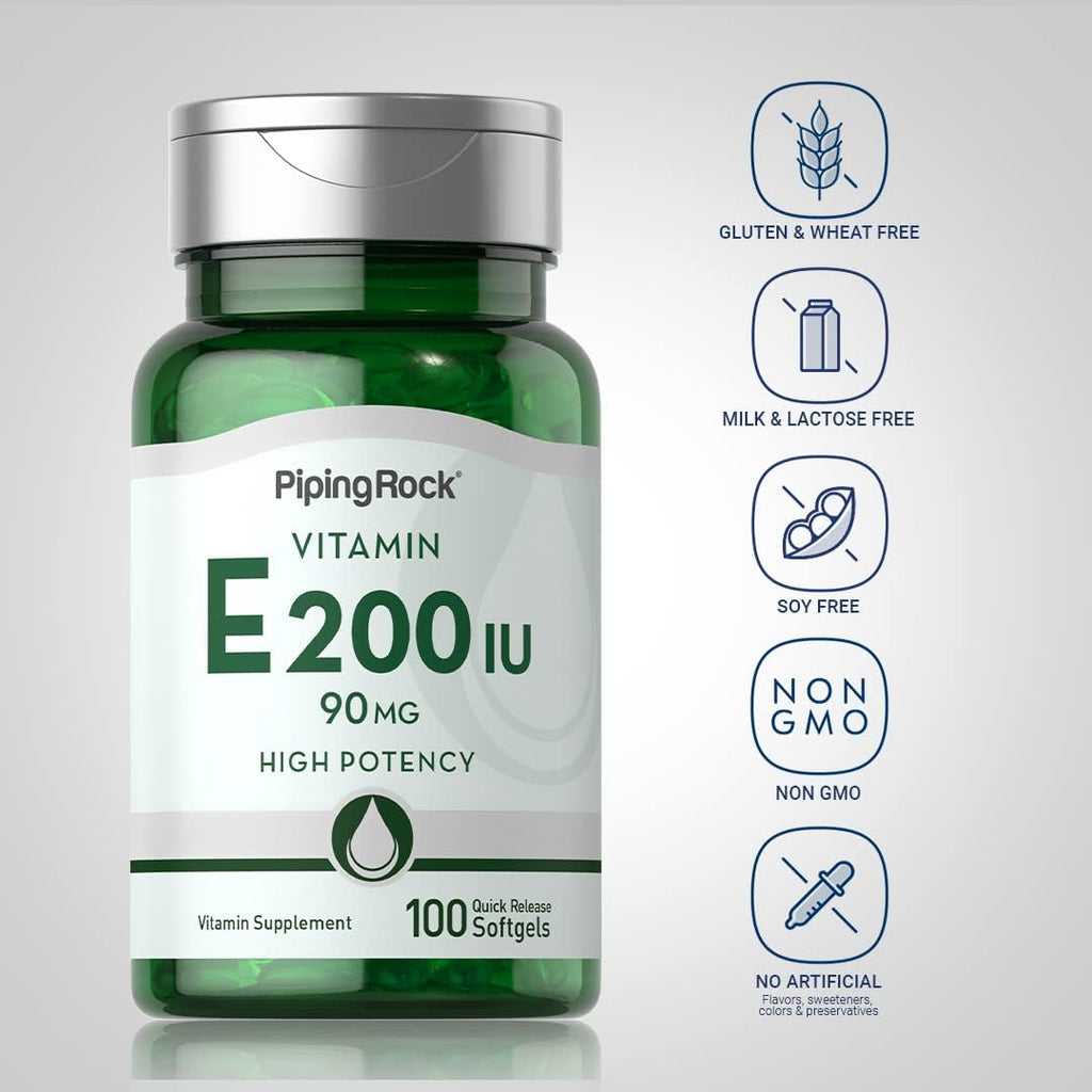 Piping Rock Vitamin E 200 IU | 90mg | 100 Softgel Capsules | High Potency Supplement | Non-GMO, Gluten Free
