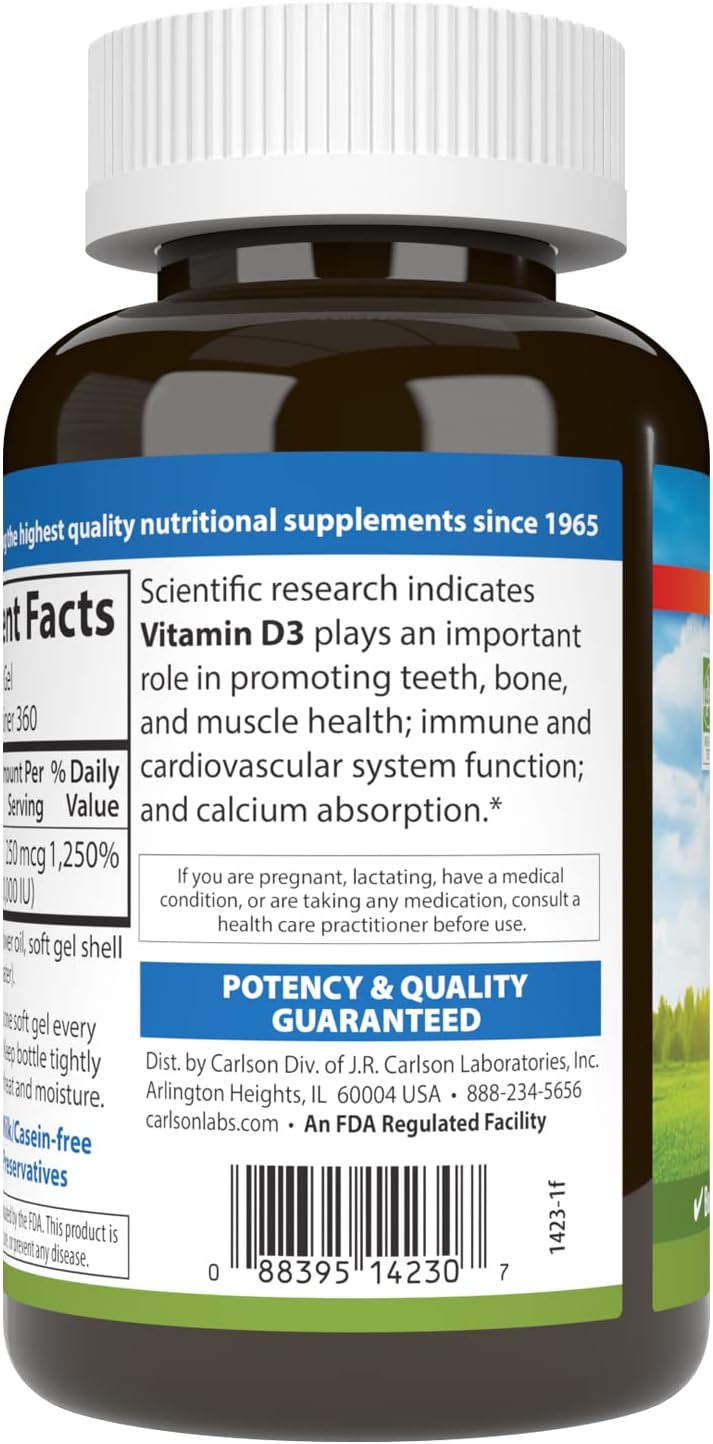 Carlson Vitamina D3 10.000 UI (250 mcg), Colecalciferol, para Huesos e Inmunidad, 360 Cápsulas Blandas