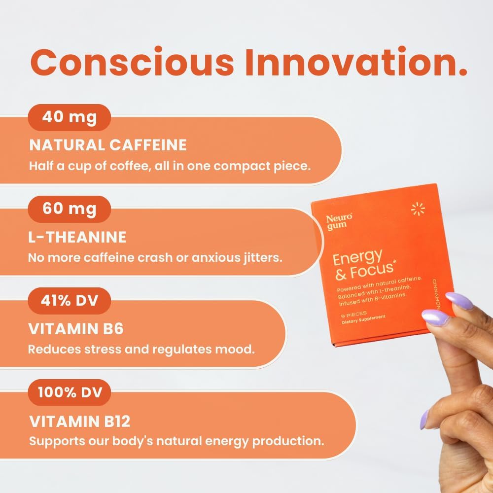 NeuroGum Energy & Focus, Canela, 12 Paquetes, 9 Piezas Cada Uno