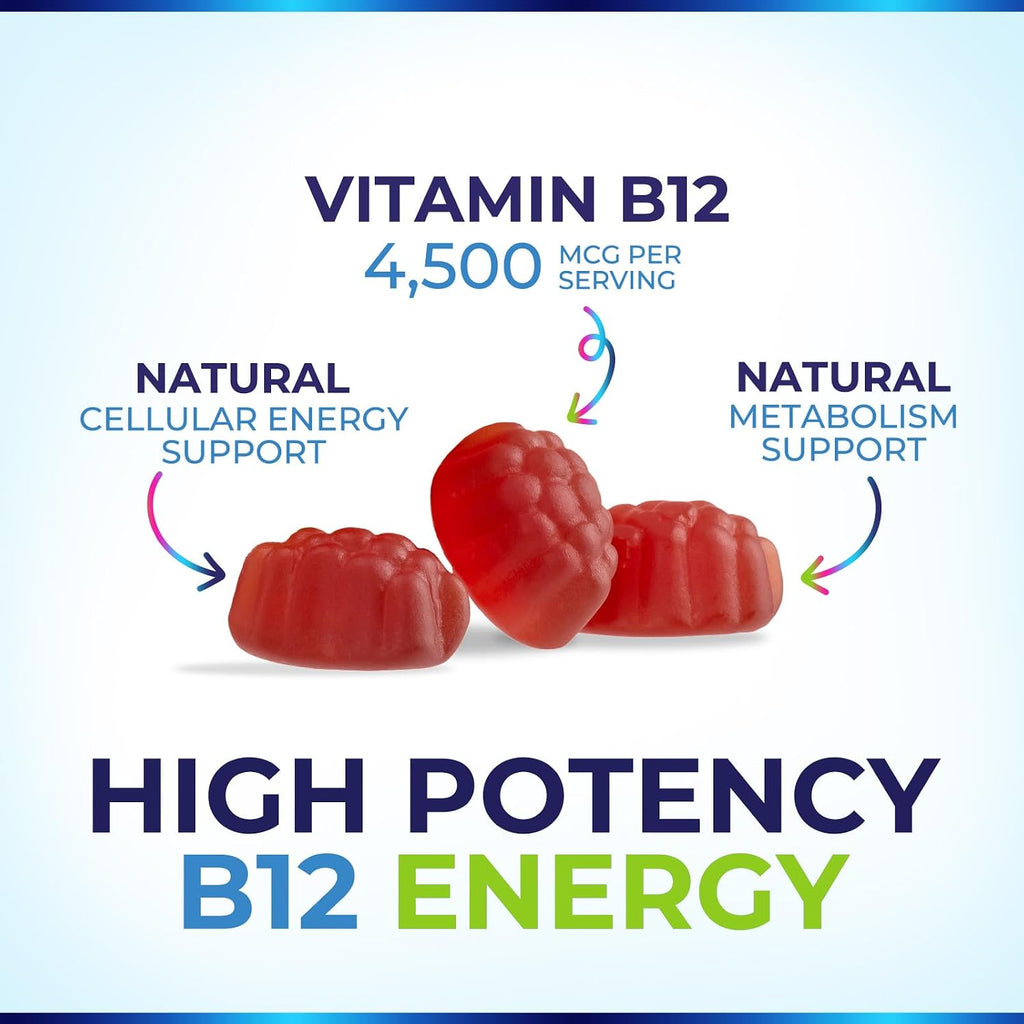 Nature's Nutrition B12 Energy Gummies - 4500 mcg Vitamina B12 - Gomitas Extra Fuertes para Energía, Metabolismo y Sistema Inmunológico - Sabor Natural a Bayas - 120 Gomitas