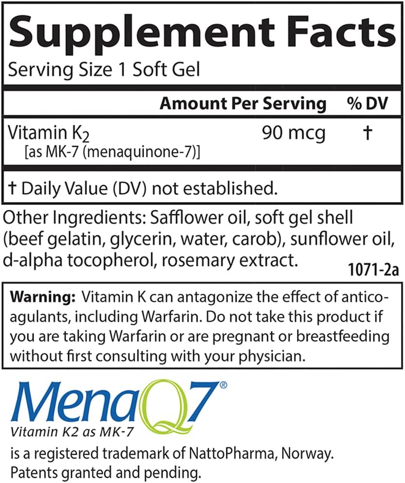 Carlson - Vitamina K2 MK-7 (Menaquinona), 90 mcg, Soporte Óseo, Biodisponibilidad del Calcio, Vitamina K-2, 60 Cápsulas Blandas