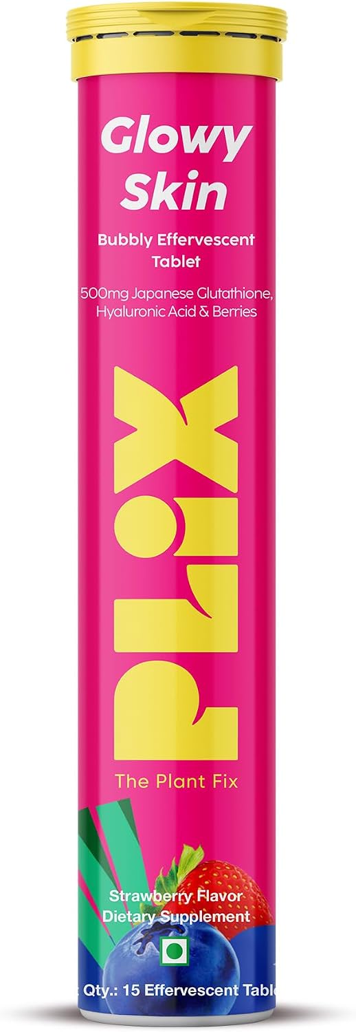 PLIX Glowy Skin 500mg Glutatión con Ácido Hialurónico, Vitamina C, E y Bayas | 90 Comprimidos Efervescentes, Sabor Fresa