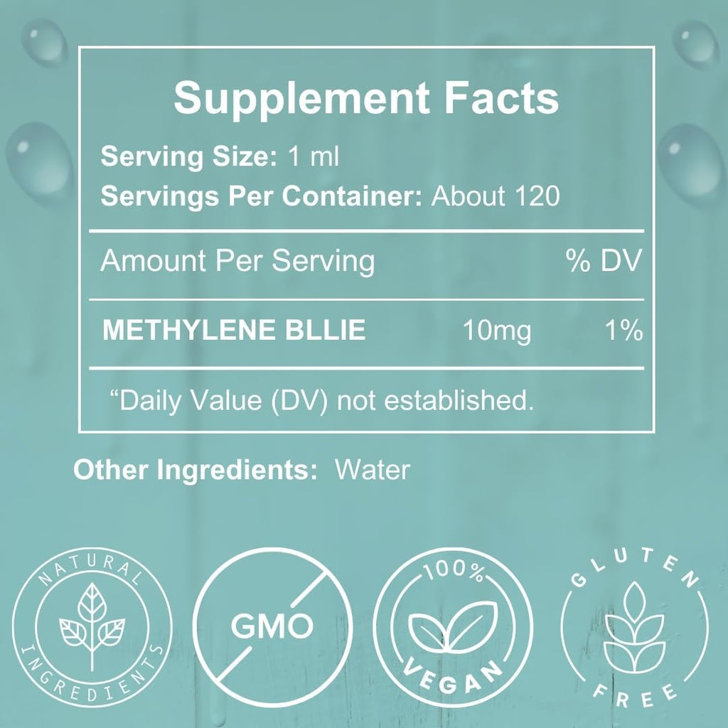 OU Methylene Blue 1% | USP-Grade | Probado por Terceros | Complemento para la Salud Cerebral | 120 ml Frasco de Vidrio con Gotero | Sin Formaldehído (4 Oz)