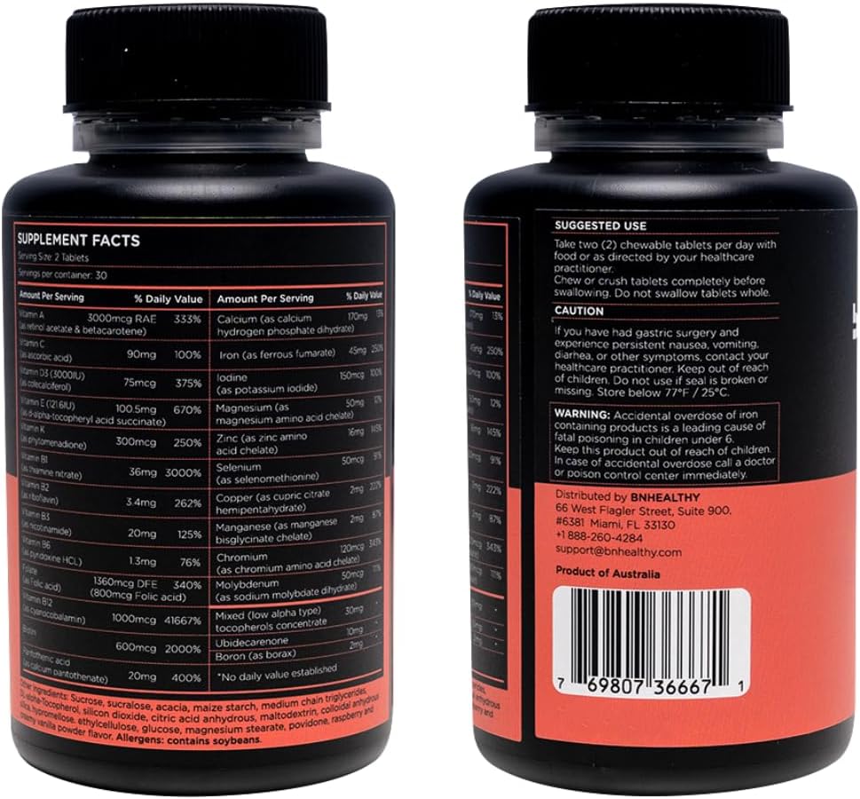 BNHealthy Chews Multivitamínico Bariátrico con Hierro - Masticable Diario con B12, D3, Folato y Zinc, Sabor Frambuesa, para Adultos Post-Cirugía, 60 Unidades