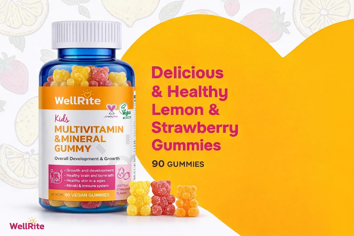 Kids Multivitamin Gummies – Wellrite Multivitamínico para Niños con Vitaminas y Minerales, Crecimiento e Inmunidad, Vegano, Sin Gelatina, Sin Gluten, Sin Frutos Secos, 60 Gomitas, Sabor Fresa y Limón