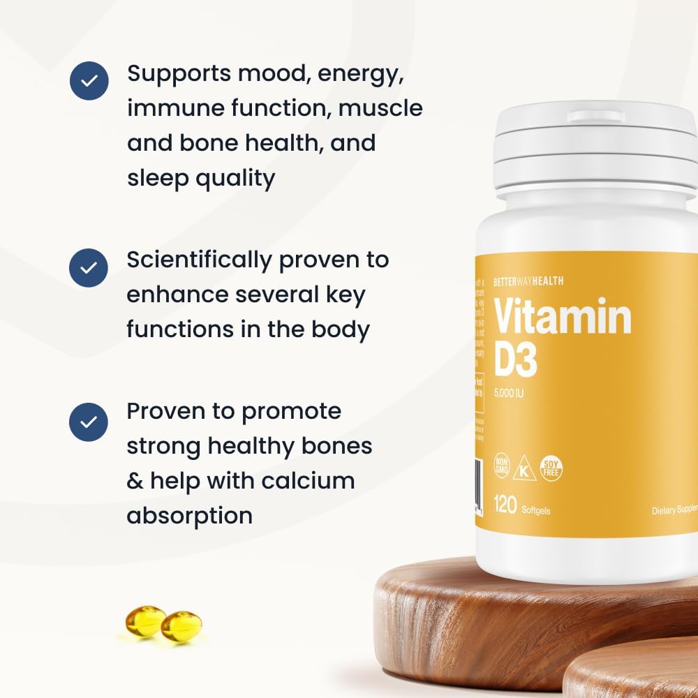 Better Way Health Vitamin D3 5000 IU – High Potency Supplement for Bone and Immune Health – 120 Softgels