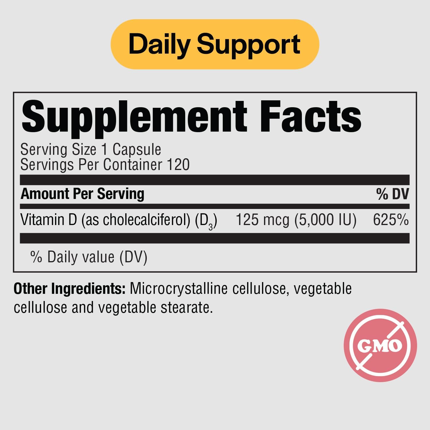 PureFormulas Vitamina D3 5000 IU (125 mcg) - Suplemento de Vitamina D para la Salud Ósea e Inmunitaria - Cápsulas Vegetarianas No Transgénicas - 120 Cápsulas