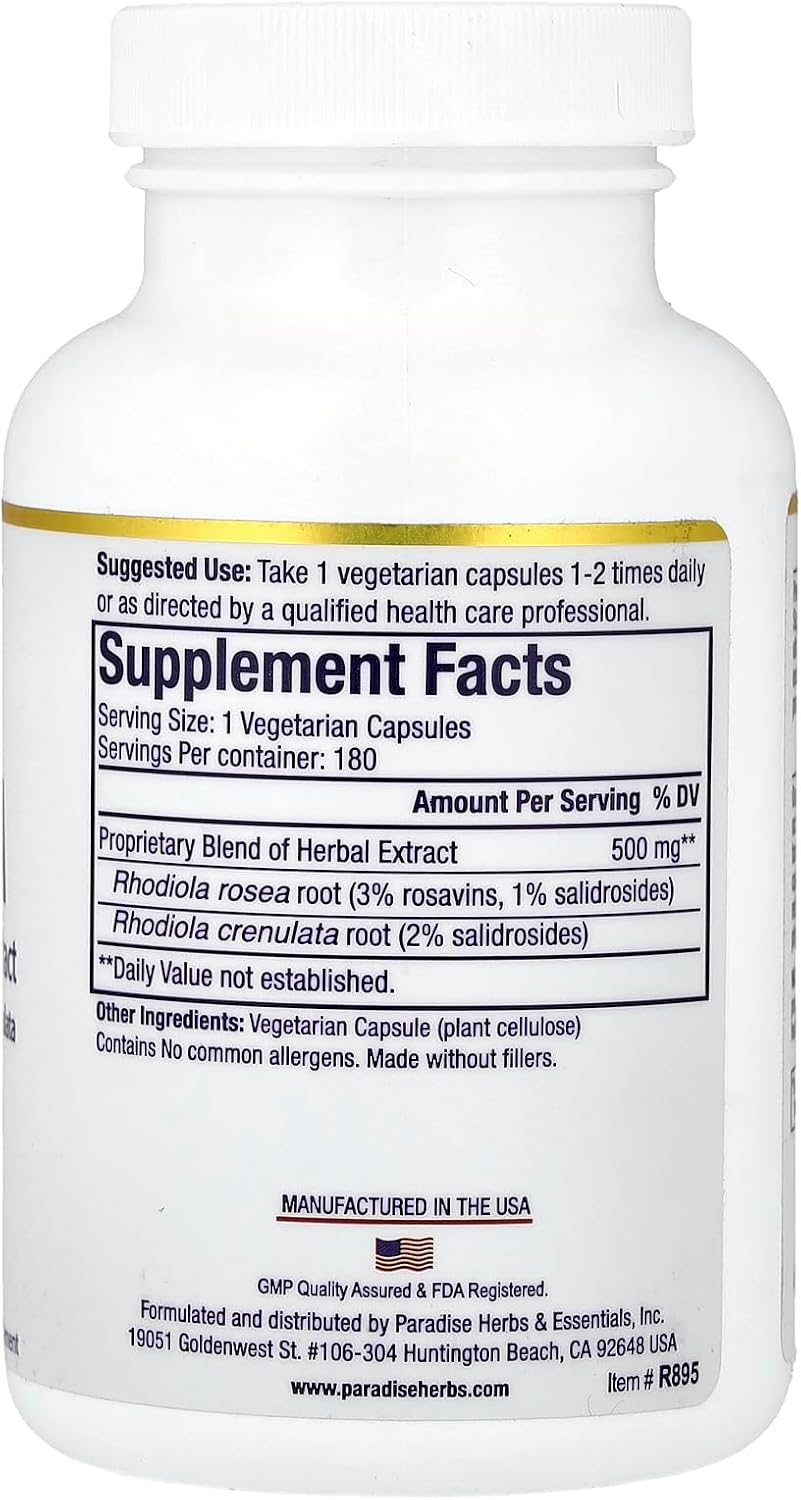Paradise Herbs Rhodiola Rosea Extracto 500 mg – 180 Cápsulas Vegetarianas
