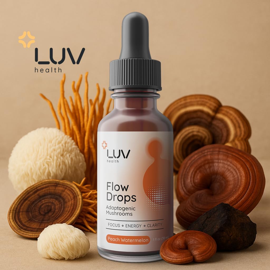 LUV Health Flow Drops - Hongos Adaptógenos para Energía y Concentración, 30 Dosis