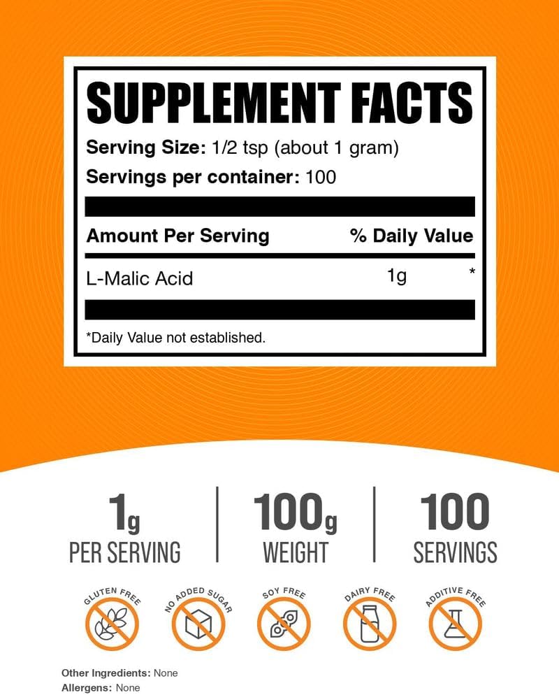 BulkSupplements.com Ácido Málico en Polvo - L-Ácido Málico, Suplemento Alimenticio - Grado Alimentario, Puro y Sin Gluten, 1g por Ración, 100g