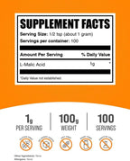 BulkSupplements.com Ácido Málico en Polvo - L-Ácido Málico, Suplemento Alimenticio - Grado Alimentario, Puro y Sin Gluten, 1g por Ración, 100g