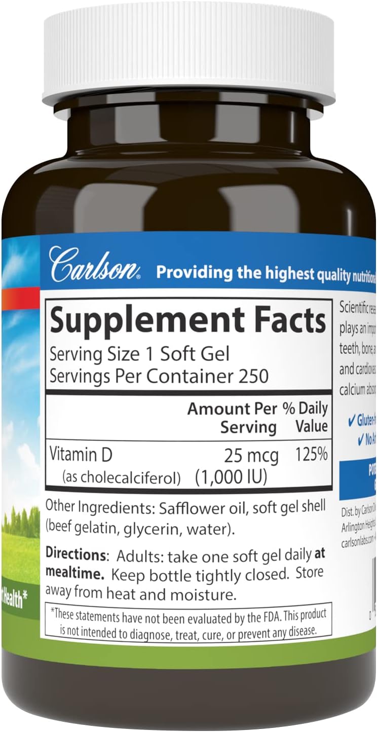 Carlson Vitamina D3, 1000 UI, 250 Cápsulas Blandas