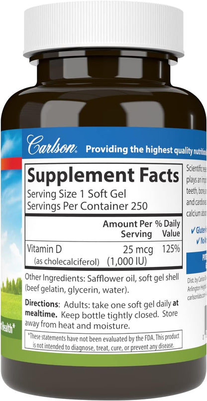 Carlson Vitamina D3, 1000 UI, 250 Cápsulas – Dosificación: elige una cantidad que se ajuste a tus necesidades. – Image 2