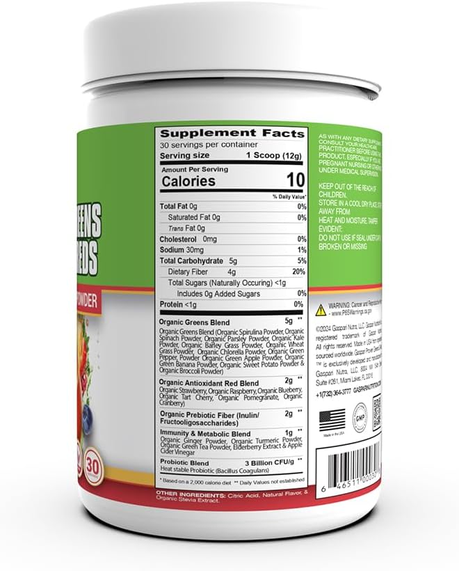 Gaspari Nutrition Greens and Reds: Polvo de Superalimentos Orgánicos con Probióticos y Fibra, 30 Porciones (Sabor Mango Splash)