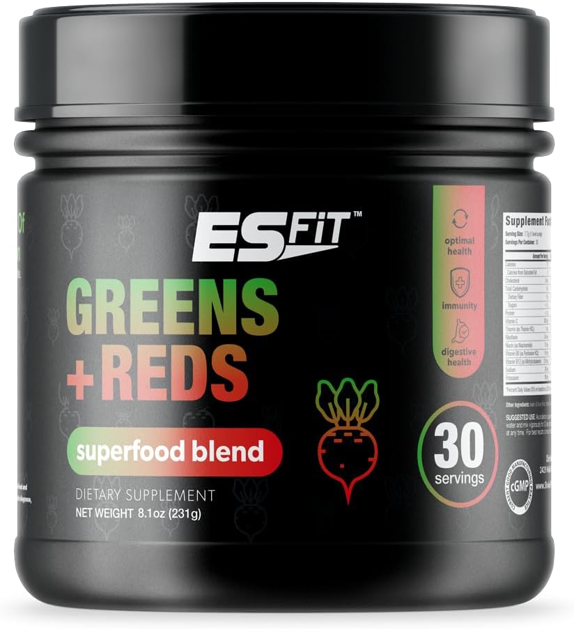 ES FIT Super Greens Powder - Mezcla de Superalimentos Rojos y Verdes con Antioxidantes, Vitaminas B, Ingredientes Orgánicos y Enzimas Digestivas