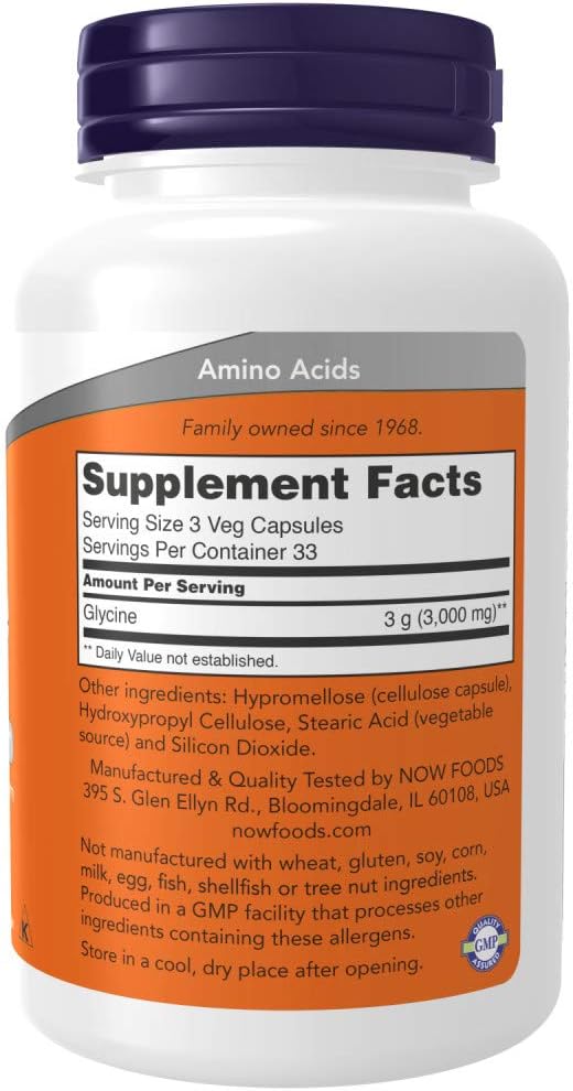 NOW Foods Glycine 1000 mg 100 Capsules - Pharmaceutical Grade Amino Acid