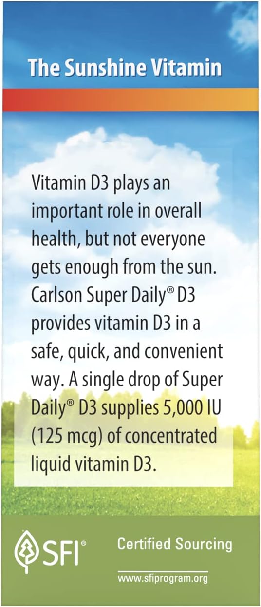 Carlson - Super Daily D3 5,000 UI (125 mcg) por gota, Gotas de Vitamina D, Apoyo Inmunológico, Salud Cardíaca, Vitamina D3 Líquida, Sin Sabor, 90 Gotas