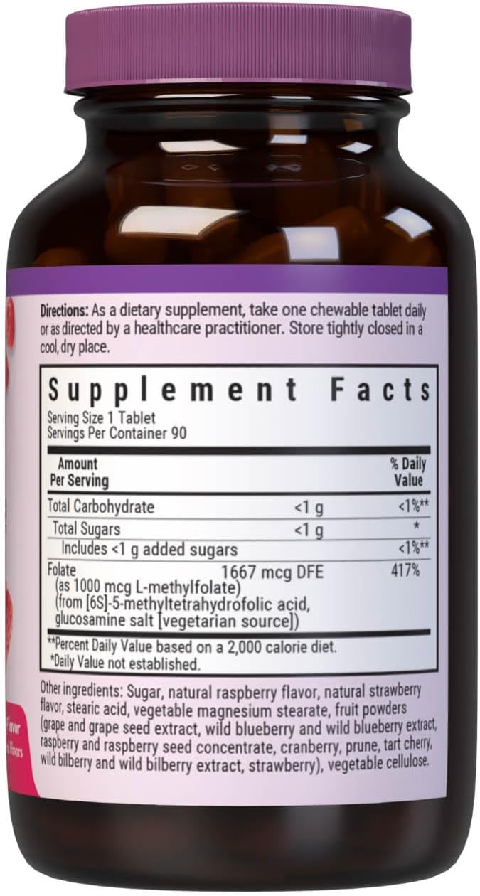 Bluebonnet EarthSweet Methylfolate 1000 µg - Folato Activo 5-MTHF - 90 Comprimidos Masticables Sabor Frambuesa