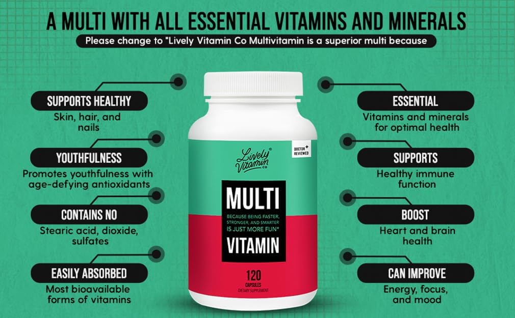 Multivitamínico Lively Vitamin Co - 37 Vitaminas, Minerales y Extractos - 240 Cápsulas Vegetarianas
