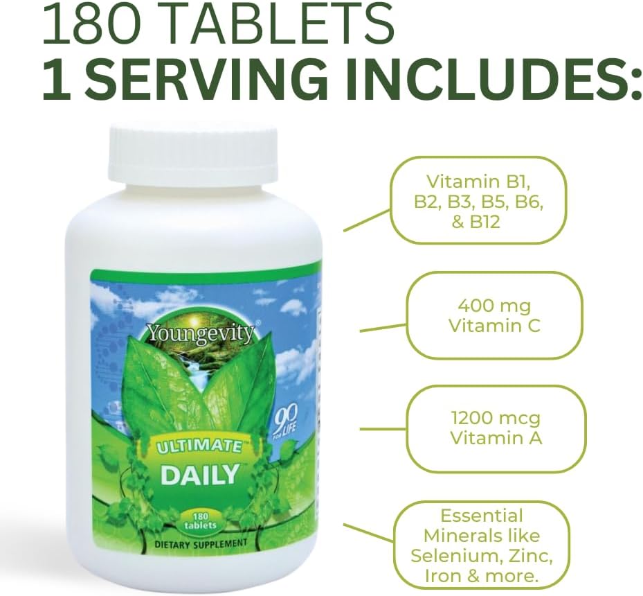 Youngevity Ultimate Daily Mega Multivitamin - 20+ Vitamins and Minerals with CoQ10 - High Absorption - 180 Tablets