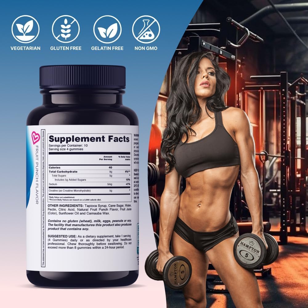 LIVS Creatine Monohydrate Gummies 5g - Suplemento Pre-Entreno para Hombres y Mujeres - Crecimiento Muscular, Fuerza y Recuperación - Vegano, Halal, Kosher, Non-GMO - Sabor Tropical Fruit Punch - 40 Gomitas