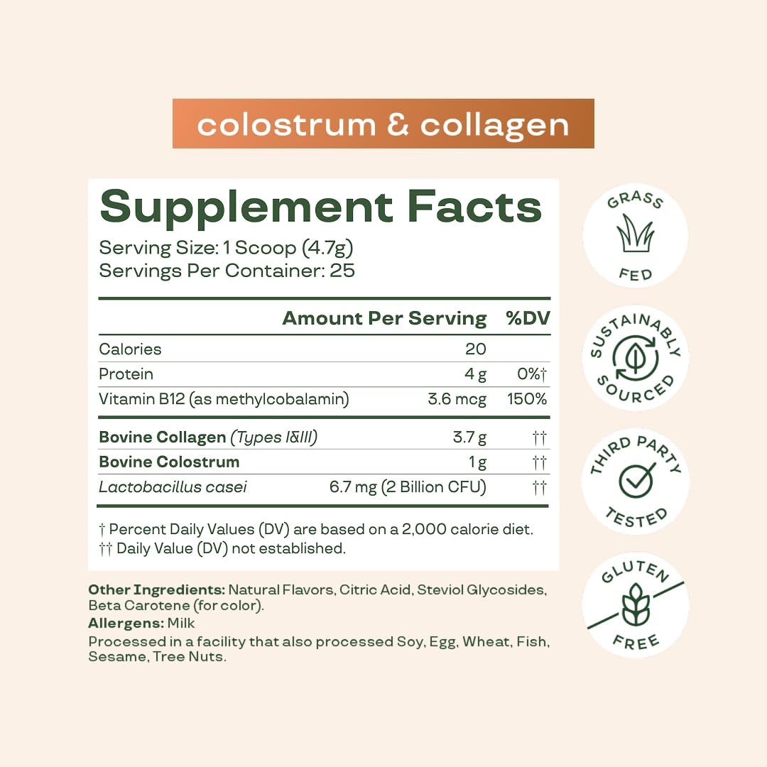 Bloom Nutrition Colostro Bovino en Polvo con Vitamina B-12 - Sabor Crema de Naranja, 25 Dosis