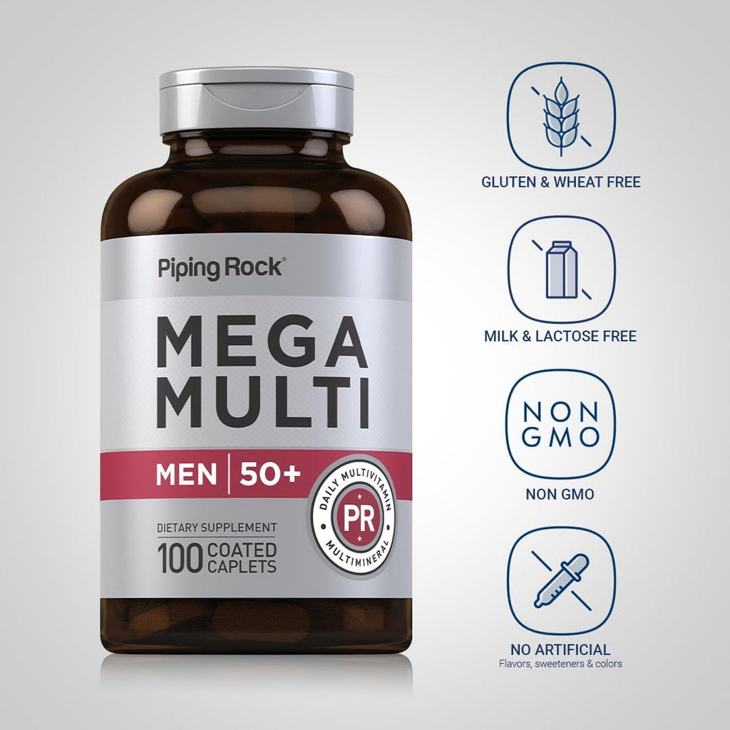 Piping Rock Multivitamínico para Hombres Mayores de 50 Plus | 100 Tabletas | con Vitamina D3, Potasio y Folato | Suplemento Mineral Diario | Sin Transgénicos, Sin Gluten