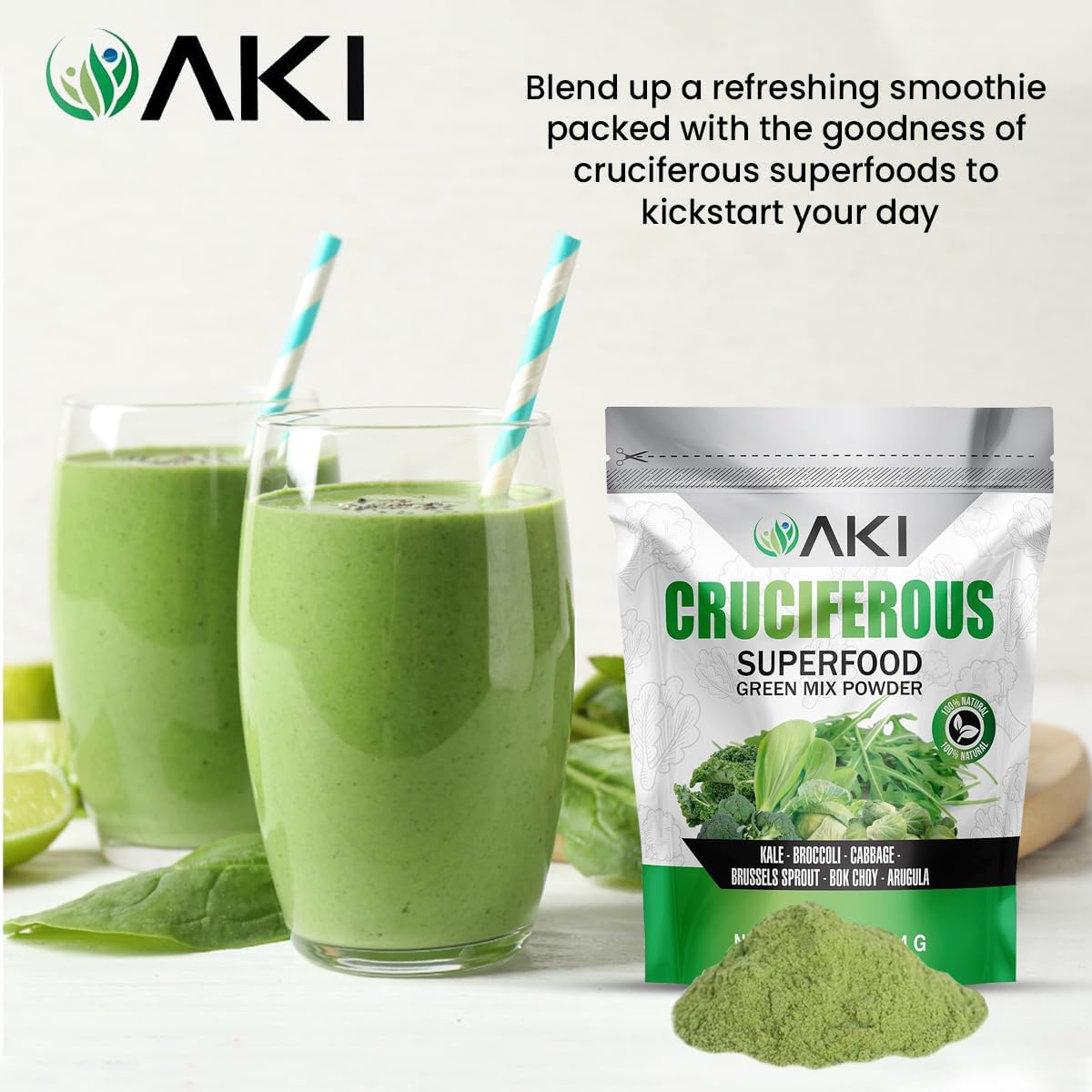 AKI Cruciferous Superfood Green Mix Powder - Mezcla de Verduras Crucíferas (454g)
