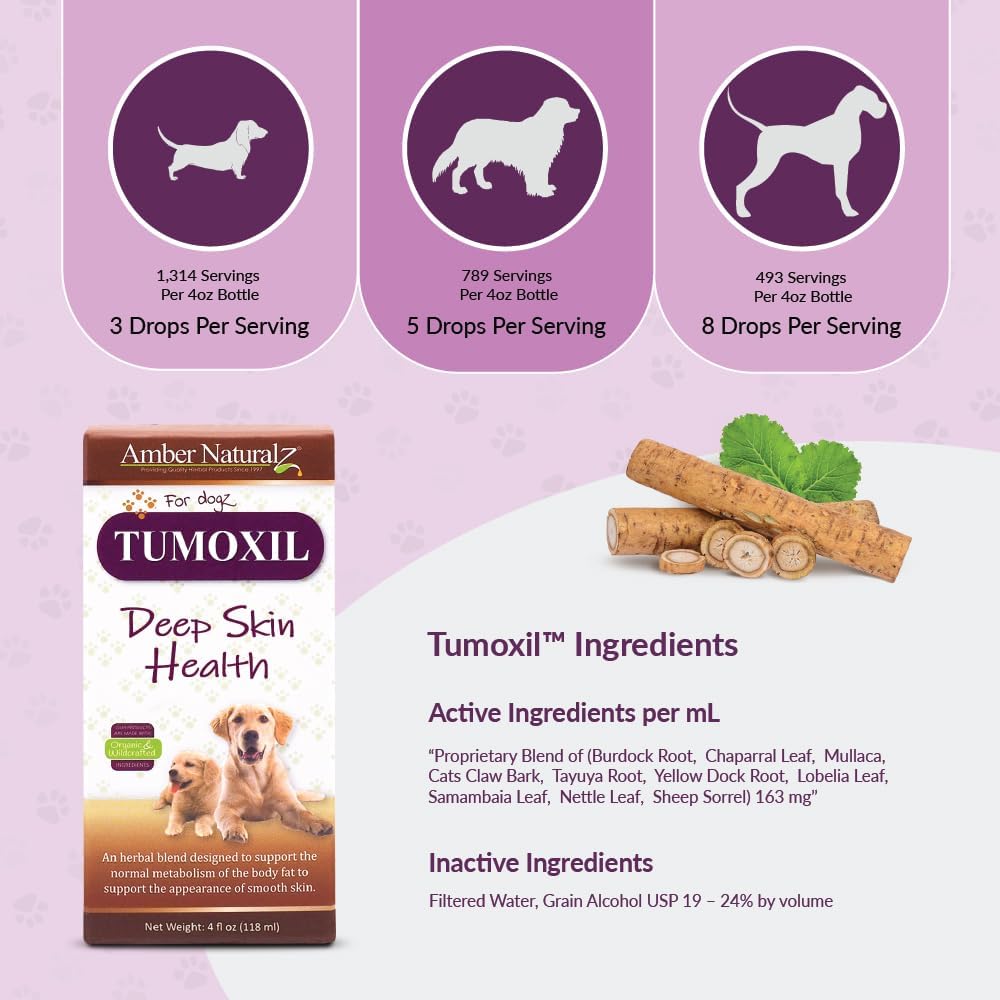 Amber NaturalZ Tumoxil Suplemento Herbal para la Salud Profunda de la Piel para Perros y Cachorros | Suplemento Canino para Apoyo a la Piel y el Metabolismo | Botella de Vidrio de 118 ml