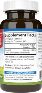 Carlson - E-Gems 400 UI (268 mg), Vitamina E de Origen Natural, Bienestar Óptimo, 140 Cápsulas Blandas