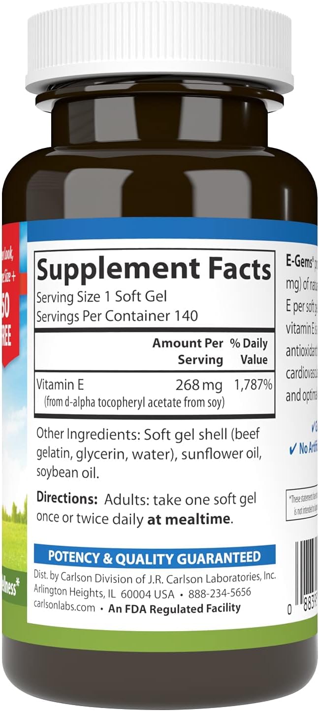 Carlson - E-Gems 400 UI (268 mg), Vitamina E de Origen Natural, Bienestar Óptimo, 140 Cápsulas Blandas