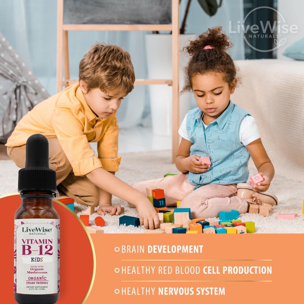 Live Wise Naturals Gotas de Vitamina B12 para Niños - 5mcg por 2 gotas - Vegano, Sin Gluten, No GMO