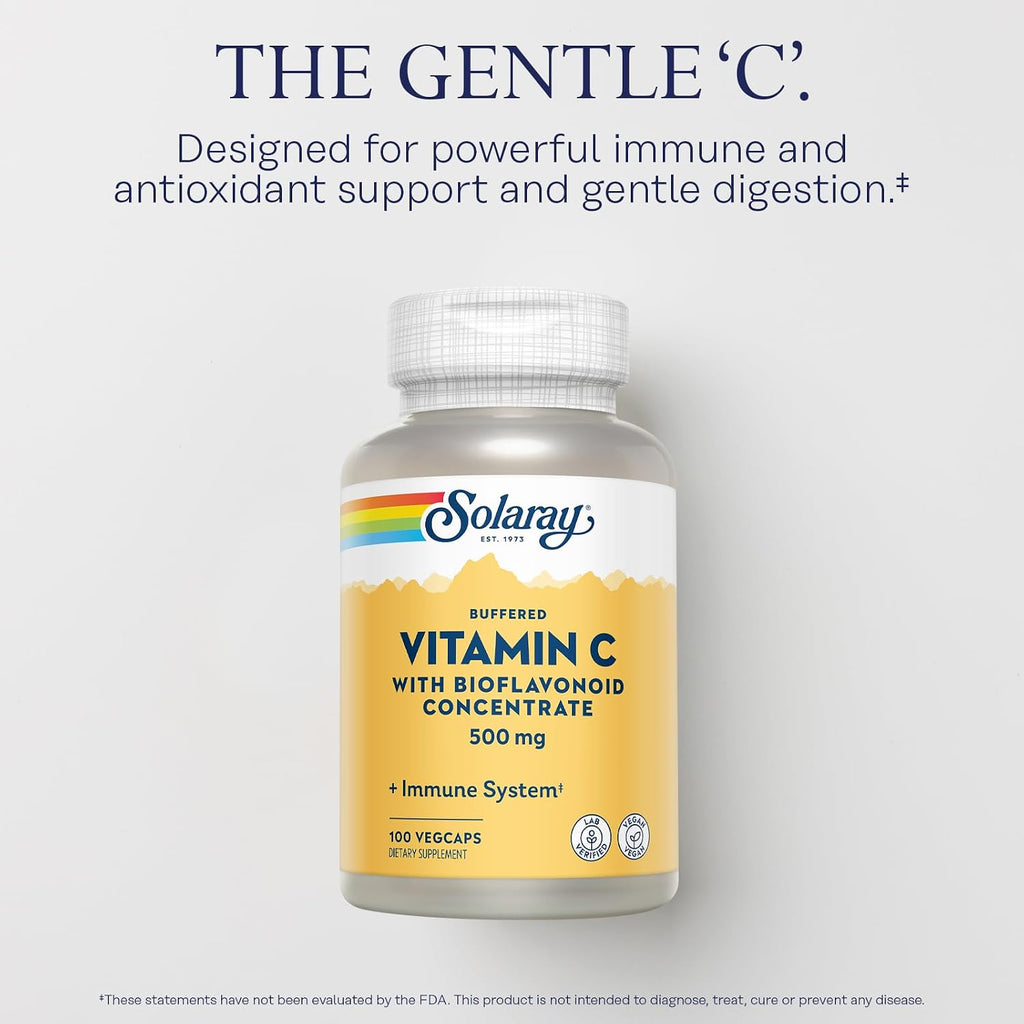 SOLARAY Vitamina C Buffered 500 mg con Bioflavonoides, Escaramujo y Acerola - 100 Cápsulas Veganas