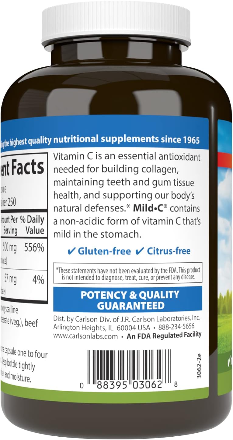 Carlson Mild-C 500 mg Vitamina C Tamponada, Apoyo Inmunológico y Bienestar Óptimo, Antioxidante, 250 cápsulas