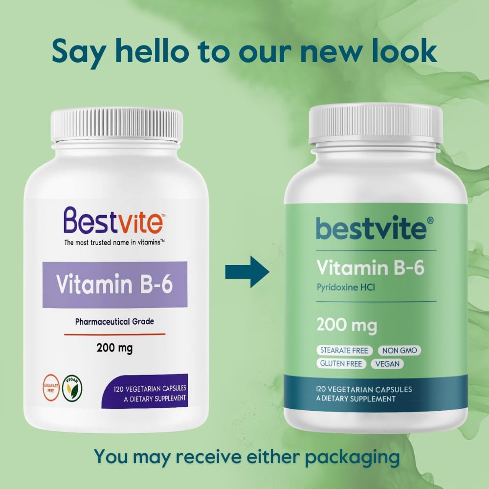 BESTVITE Vitamina B-6 200mg (120 Cápsulas Vegetales) - Sin Estearatos - Vegano - Sin Gluten - No OGM