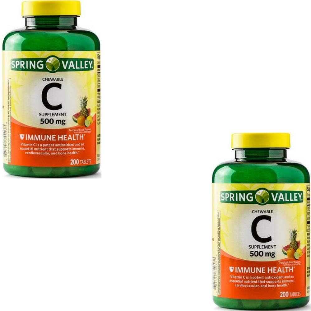 Spring Valley Vitamina C Sabor Frutas Variadas 500 mg, 200 Comprimidos Masticables (Paquete de 2)