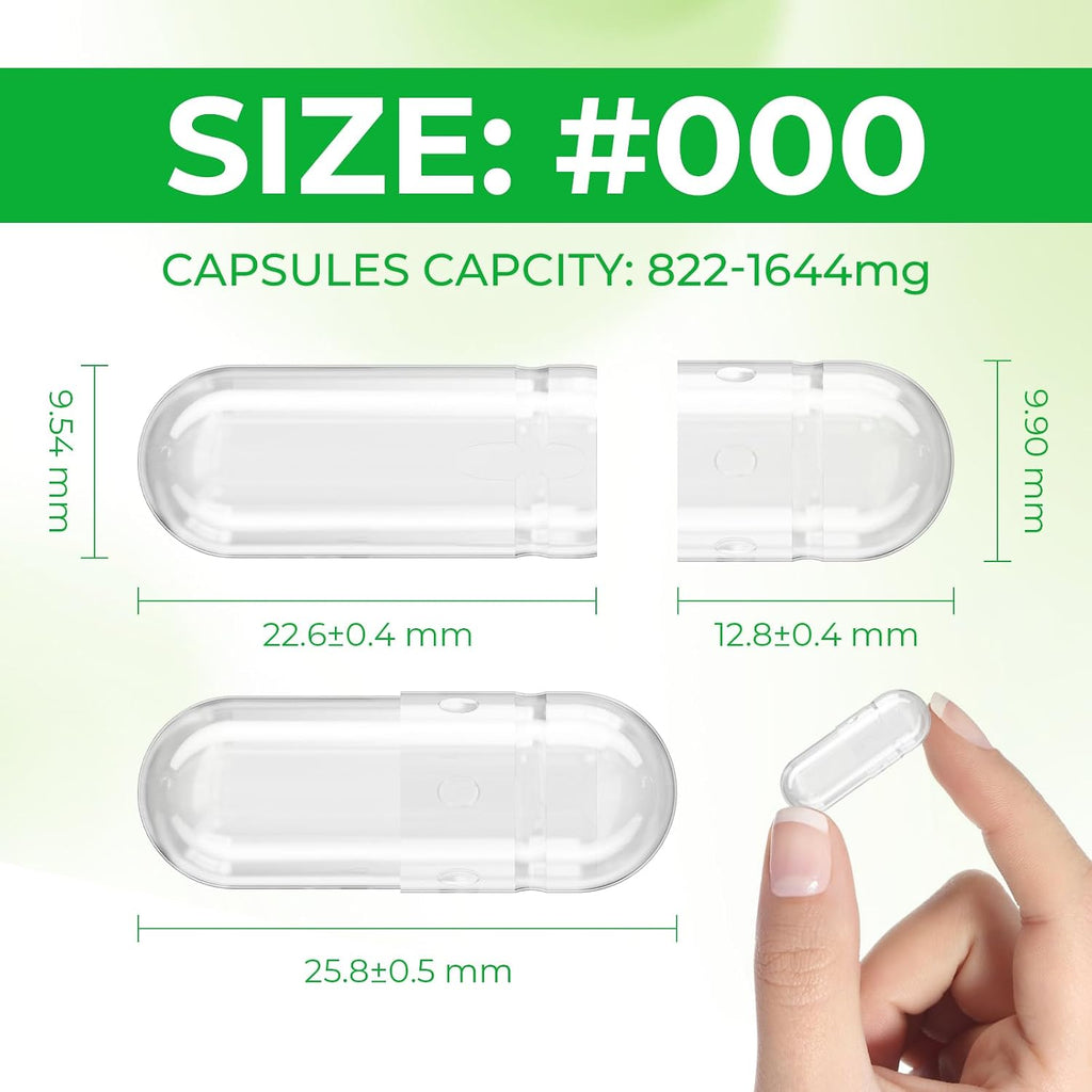 Cápsulas Vacías Veganas Tamaño 000 (1000 Unidades) - Kit de Llenado con 2 Cucharas - Sin Gluten, No GMO, Certificado Halal