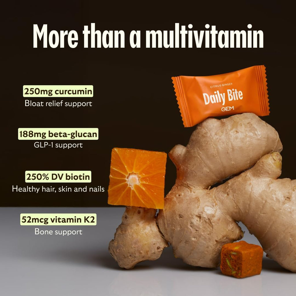 GEM Daily Bite para Mujeres y Hombres – Bocado Multivitamínico con 20+ Nutrientes y Superalimentos (Jengibre Cítrico, 28 unidades)