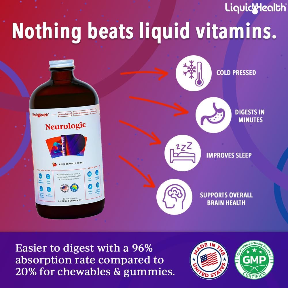 LIQUIDHEALTH Neurologic Focus Suplemento Líquido para la Memoria y Concentración con Ginkgo Biloba, Colina, L-Teanina y Fosfatidilserina - 946 ml