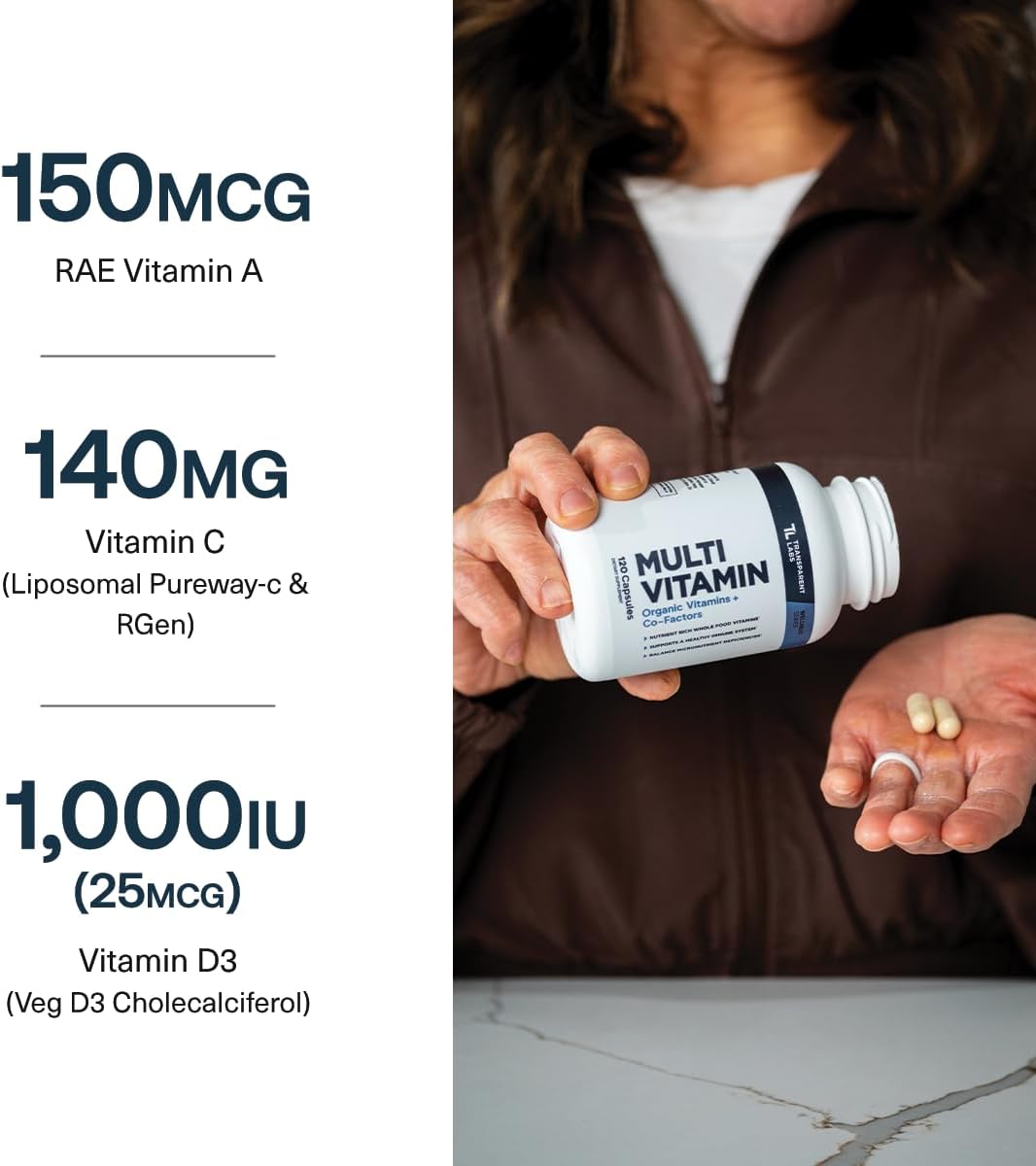 Transparent Labs Multivitamínico Diario para Mujeres – A Base de Alimentos Integrales, Vegano, Orgánico, con Vitaminas, Luteína, Biotina, Folato y Magnesio – 120 Cápsulas