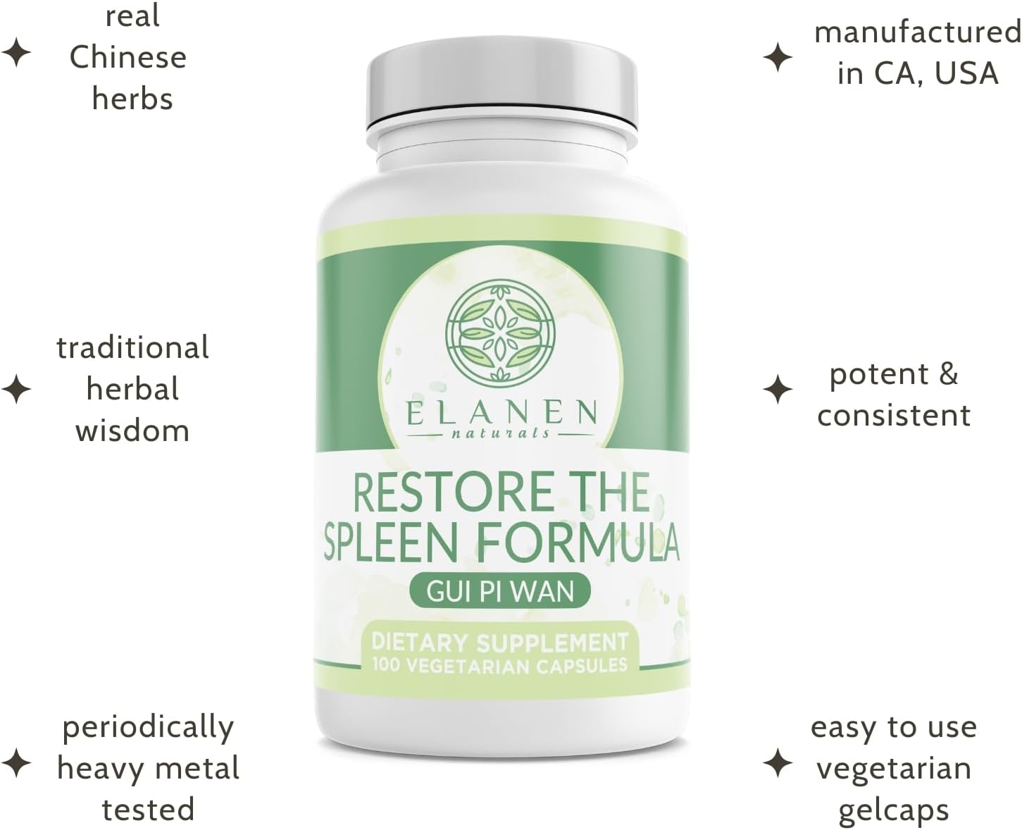 Elenen Naturals Gui Pi Wan, Fórmula para el Bazo y el Corazón, 100 Cápsulas Vegetales