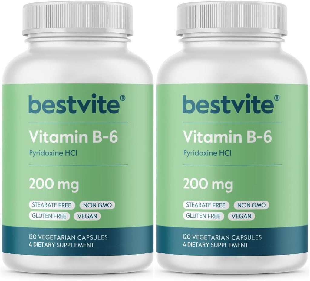 BESTVITE Vitamina B-6 200mg (120 Cápsulas Vegetales) - Sin Estearatos - Vegano - Sin Gluten - No OGM