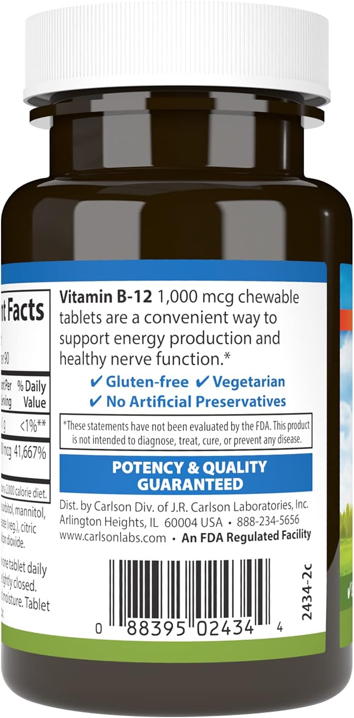 Carlson - B12 Masticable, 1000 mcg, Sabor Limón, 90 Comprimidos
