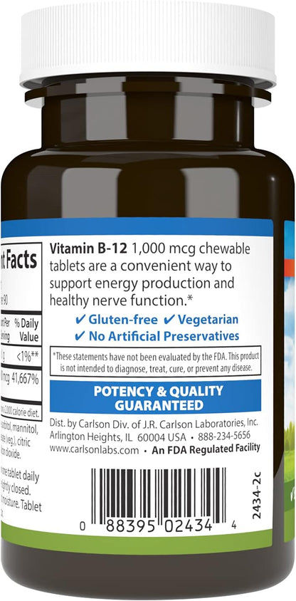 Carlson - B12 Masticable, 1000 mcg, Sabor Limón, 90 Comprimidos – Image 3