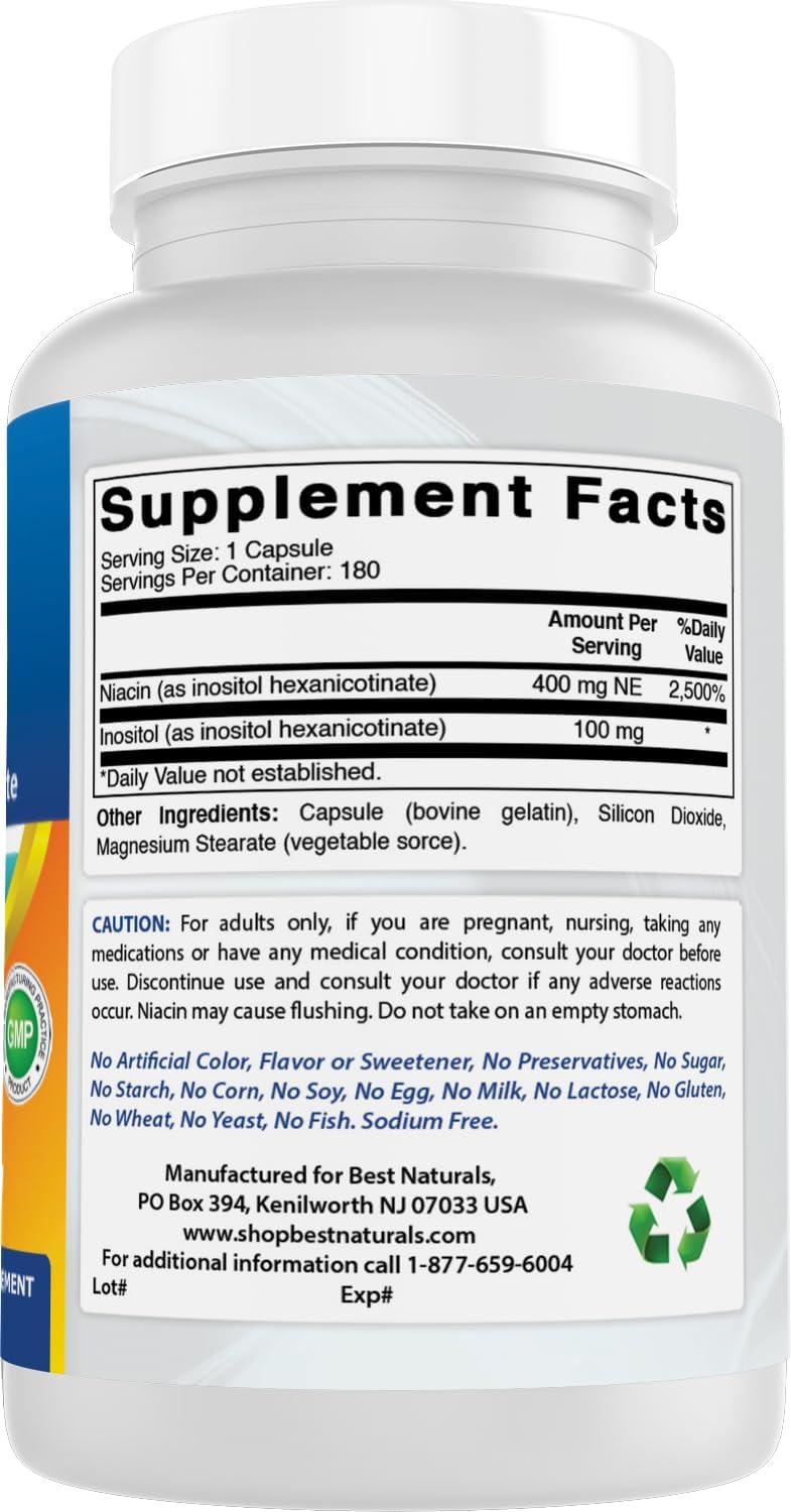 Best Naturals Niacina sin rubor (hexanicotinato de inositol) 500 mg, 180 cápsulas
