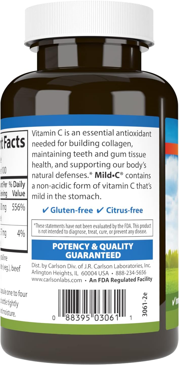 Carlson Mild-C, 500 mg, Buffered Vitamin C, Immune Support and Well-Being, 100 Capsules