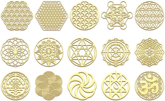 15 Pegatinas Metálicas Flor de la Vida - Chapado en Oro - Símbolo Sagrado Geométrico