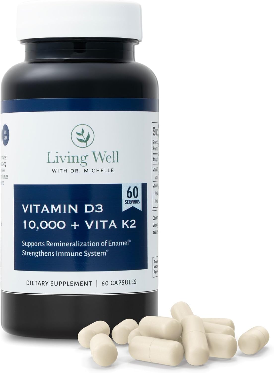 Living Well Dr. Michelle Vitamina D3 10.000 UI con K2, 60 Cápsulas